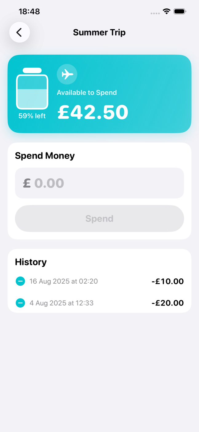 A single jar in SpendJar, showing the amount available to spend, a Spend Money box, and a list of past spends