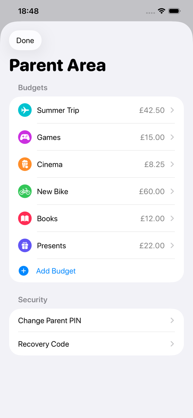 The PIN-protected Parent Area in SpendJar, listing every budget with its balance plus PIN and recovery code settings